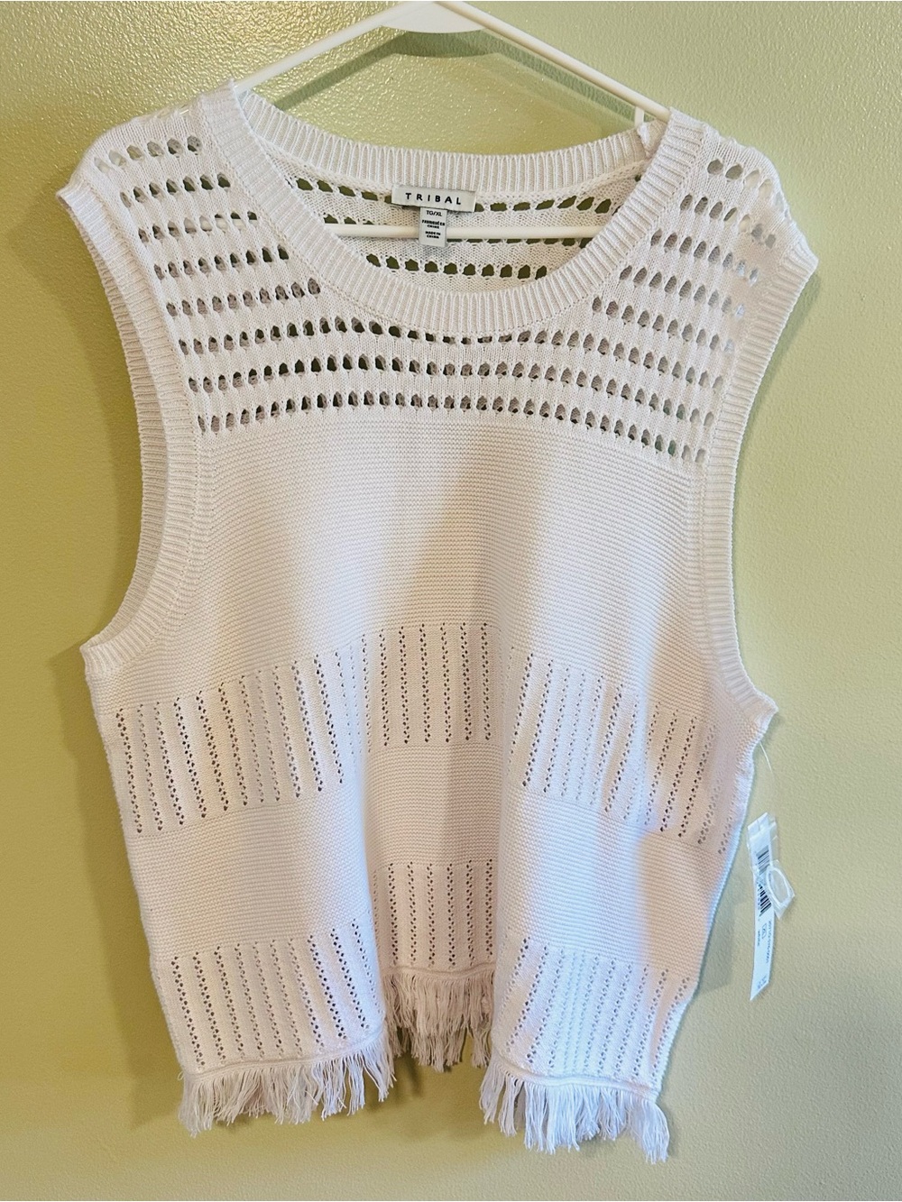 Tribal Openwork Crochet Fringe Tank Top - White